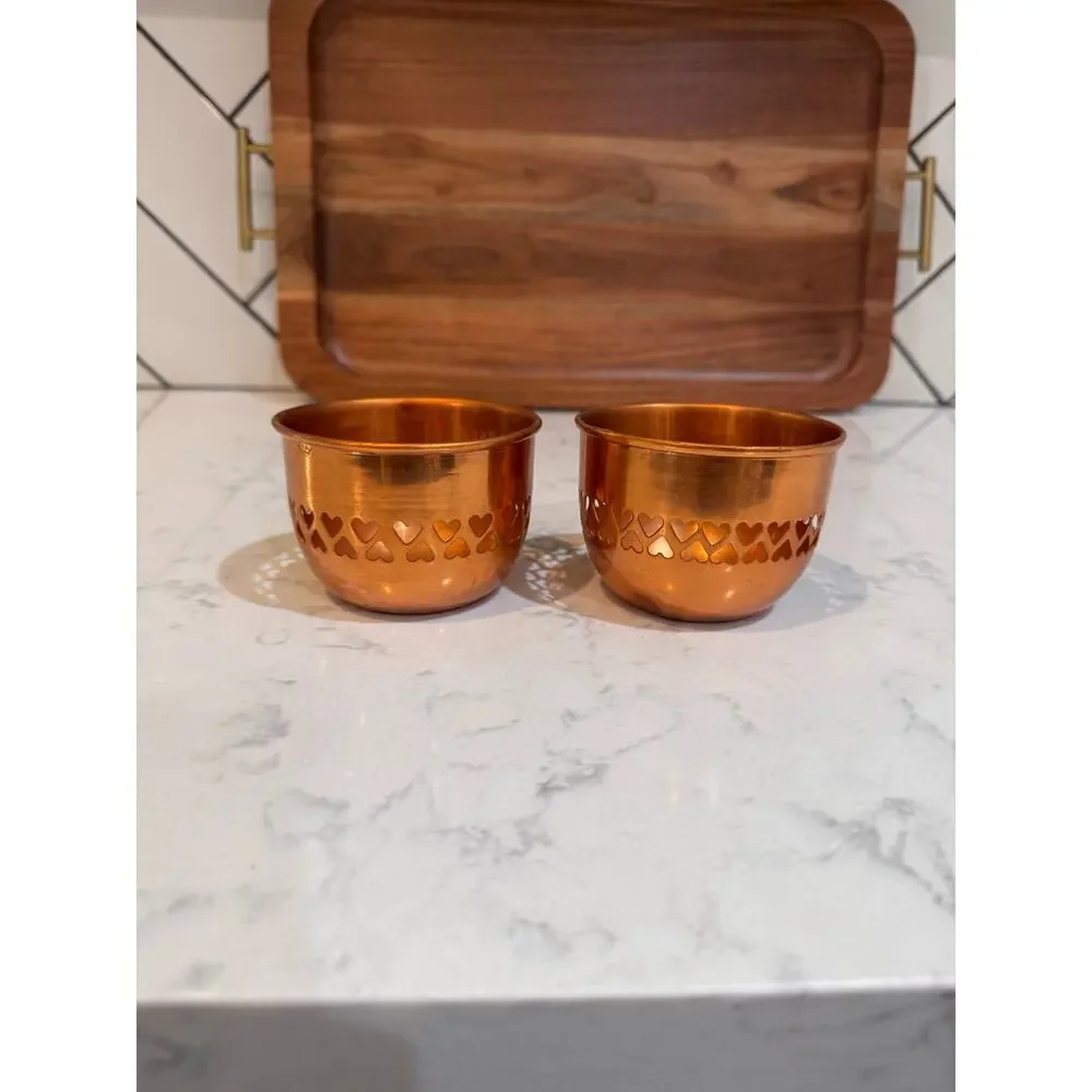Pair of polished copper-heart cutout border 90s tea light candle holders Vintage
